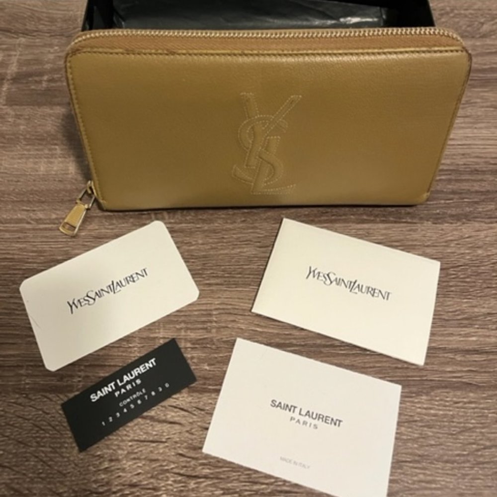 Beige Saint Laurent YSL Chevrette Zip Around Leather Wallet